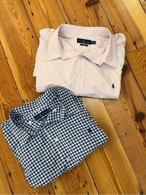 Ralph Lauren Men’s Gingham Dress Shirts in Navy Blue and Light Pink